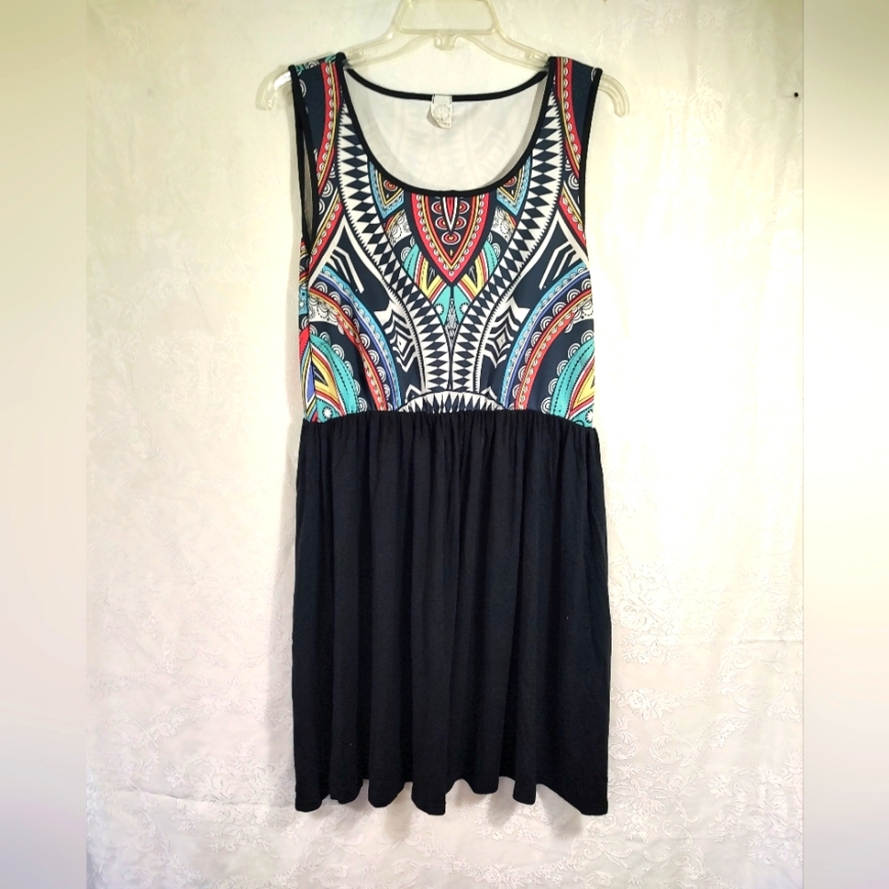 Sun & Moon black w/colorful bodice mini sundress   women's L   #468
